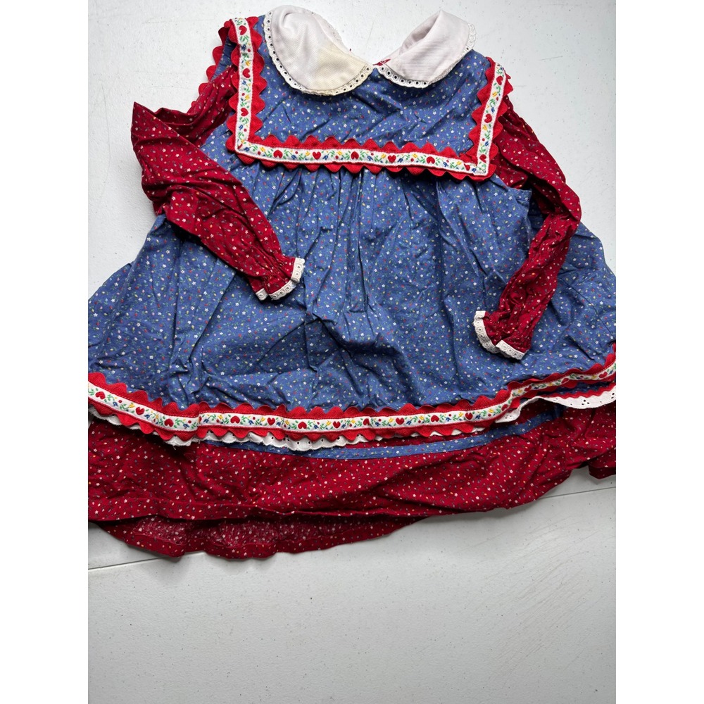 Vintage Girls Ditsy Floral Prairie Dress Red Blue Rickrack Bib‎ Collar 18in L